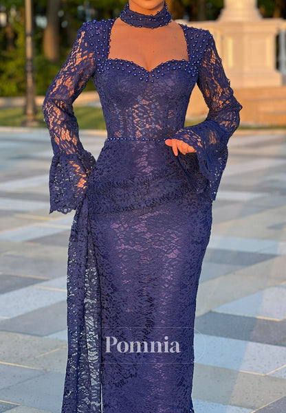 Sweetheart Long Sleeves Appliques Pearl Sheath Evening Dress