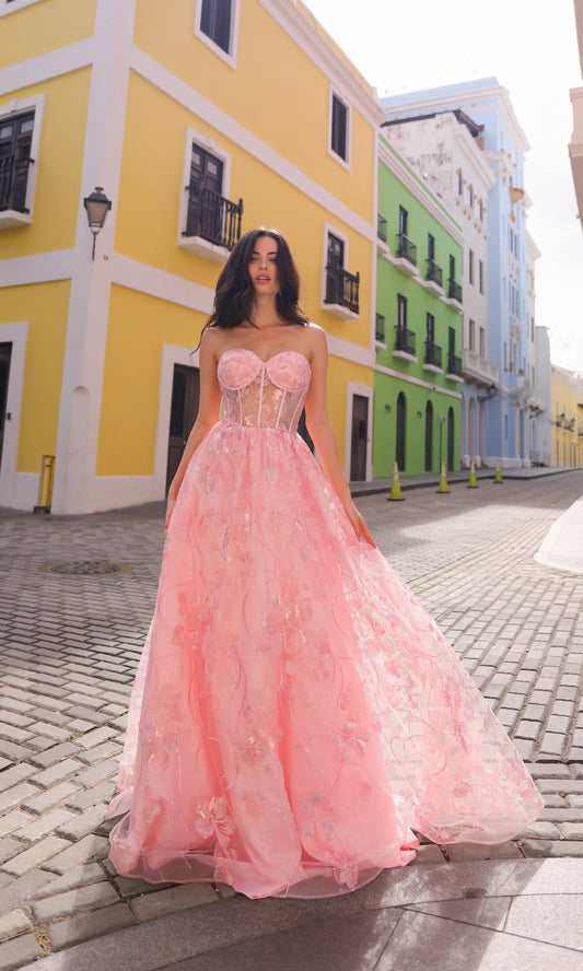 Sequin-Floral Strapless Long Prom Ball Gown