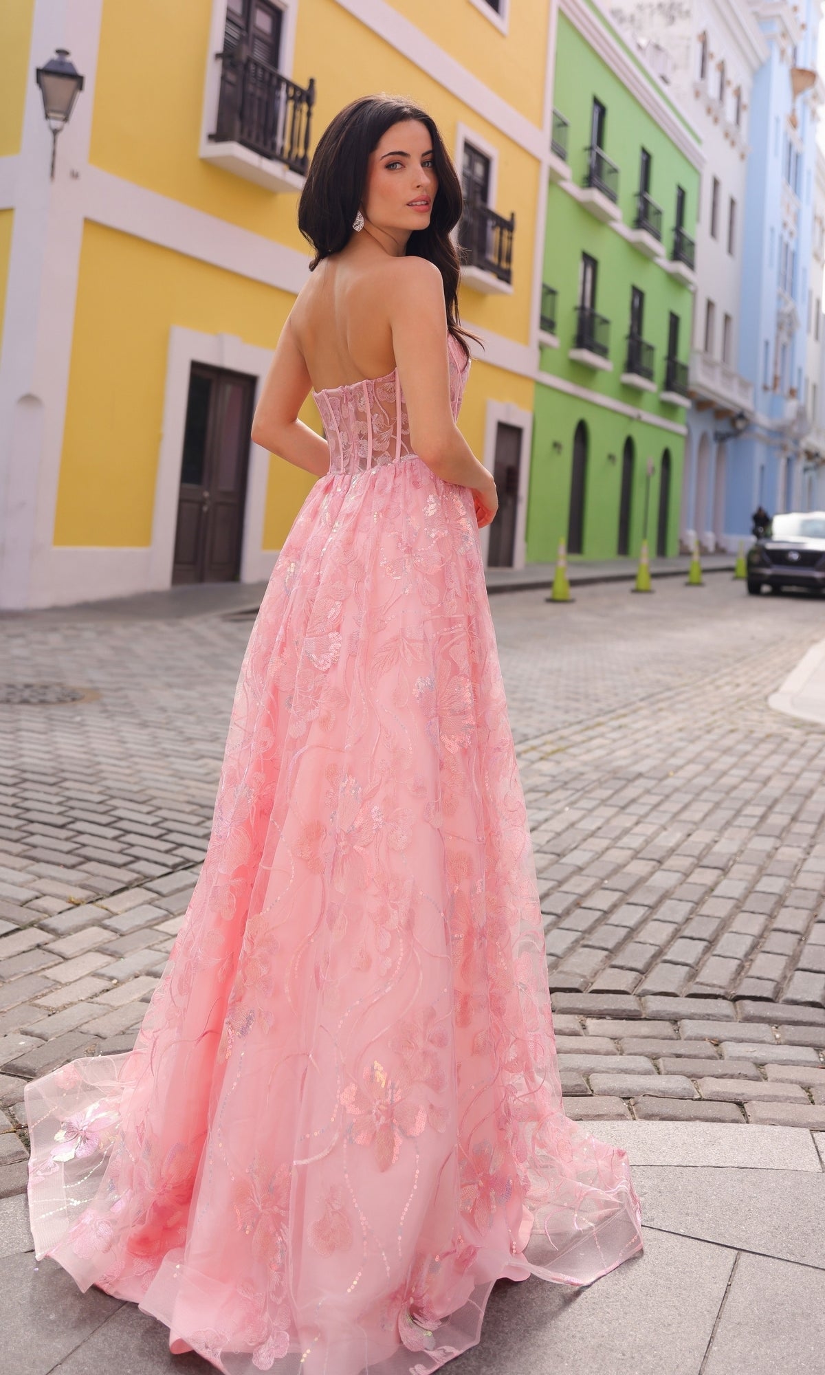 Sequin-Floral Strapless Long Prom Ball Gown