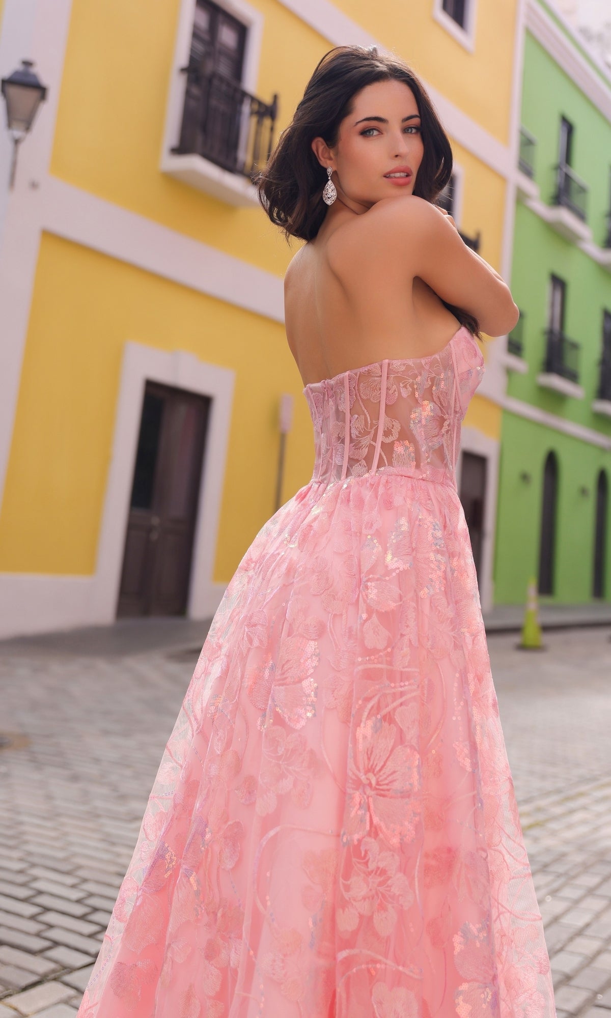 Sequin-Floral Strapless Long Prom Ball Gown