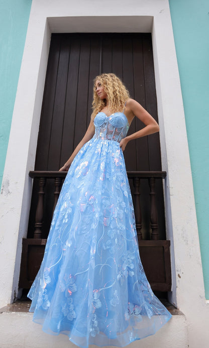 Sequin-Floral Strapless Long Prom Ball Gown