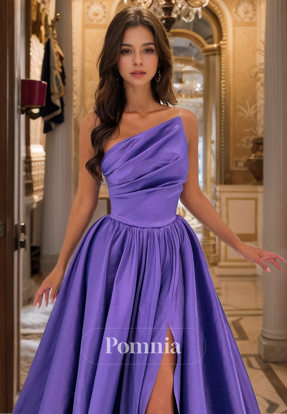 Tahiti One Shoulder Empire-Waist Prom Dress with Side Slit Ruched Evening Party Dress