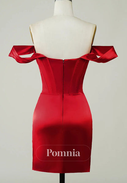 Trendy Red Satin Short Corset Ruched Asymmetrical  Homecoming Dress