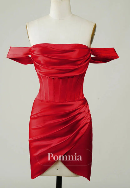 Trendy Red Satin Short Corset Ruched Asymmetrical  Homecoming Dress