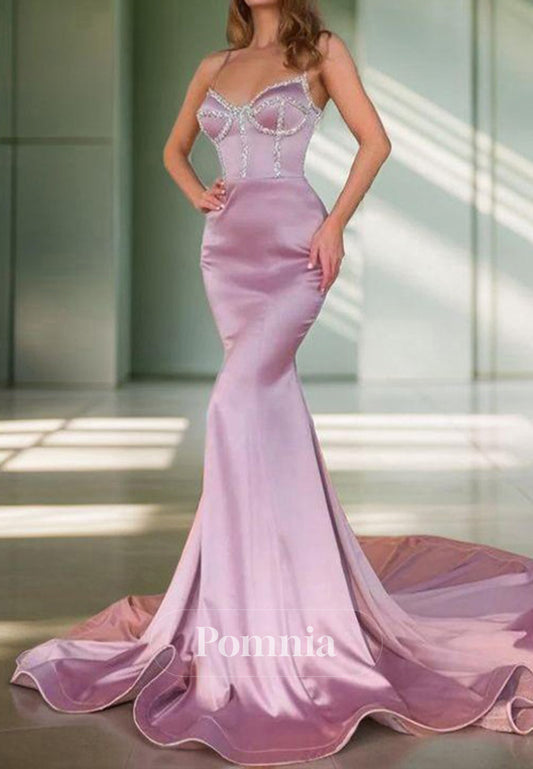 Trumpet Mermaid Beading Spaghetti Straps Sleeveless Court Train Prom Dress