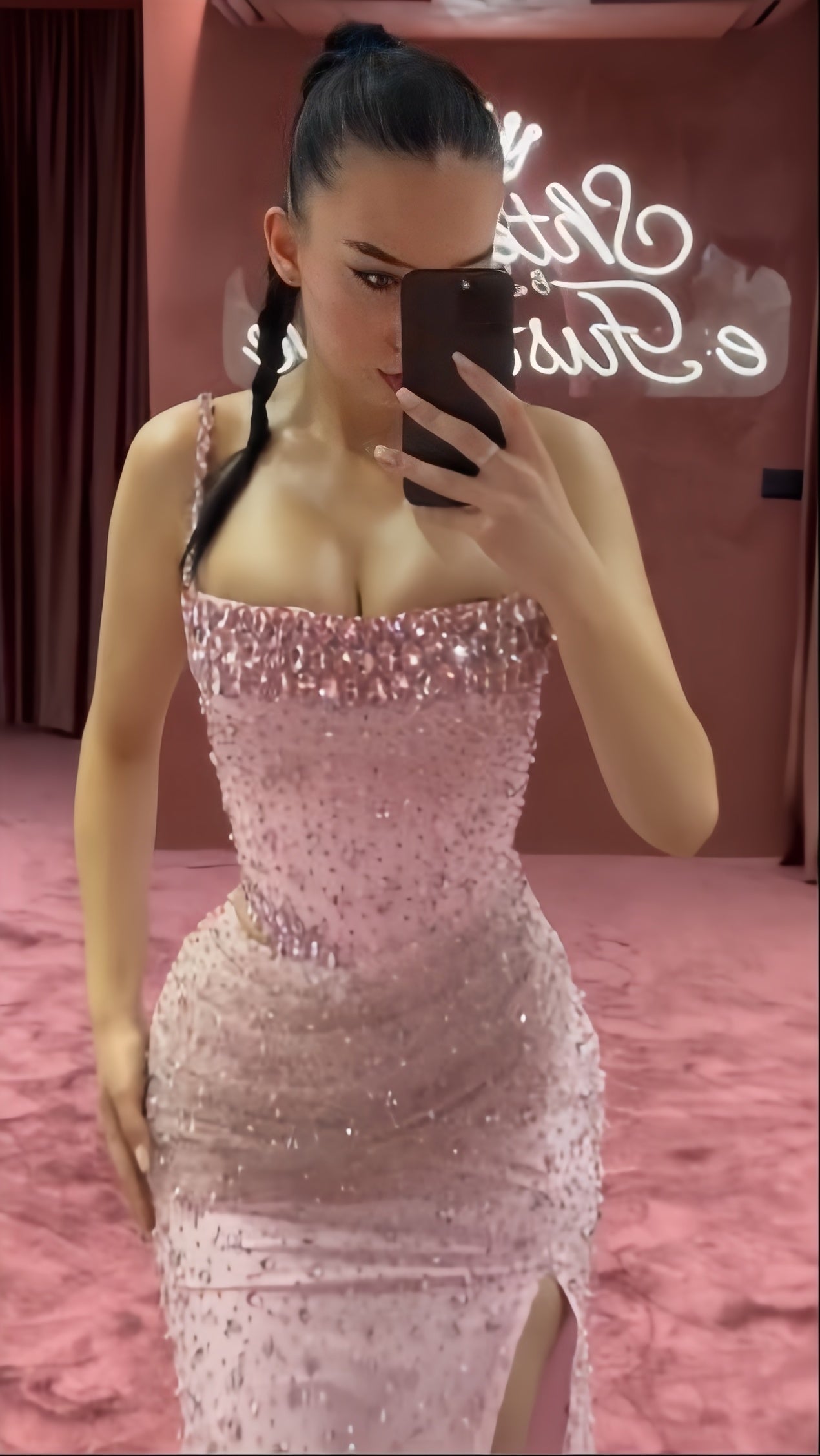 Two Pieces Pink Beaded Bodycon Party Dress