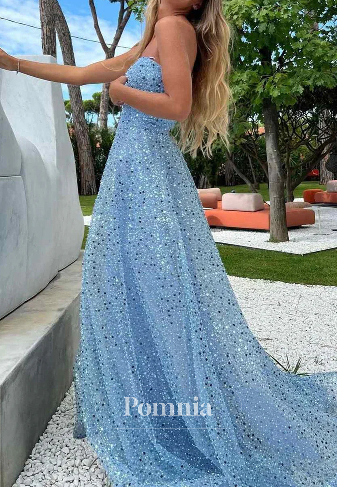 Unique Sequins Prom Dress Blue A-Line Strapless Prom Dress