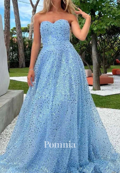 Unique Sequins Prom Dress Blue A-Line Strapless Prom Dress