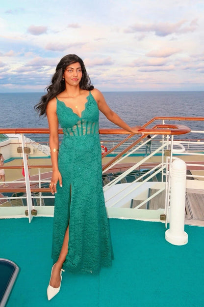 V-neck Green Lace Mermaid Long Dress with Slit