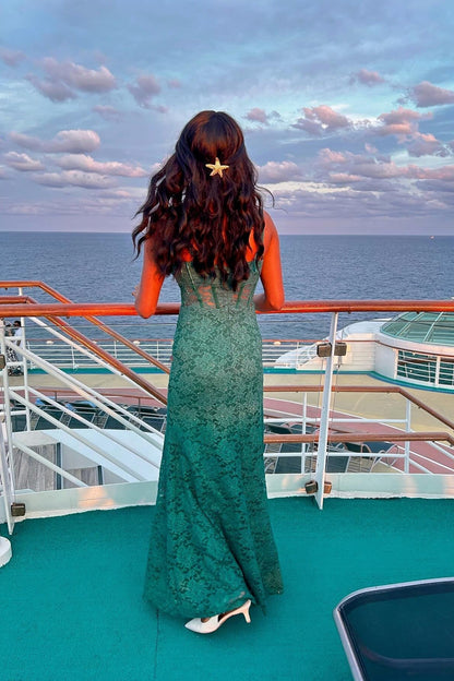 V-neck Green Lace Mermaid Long Dress with Slit