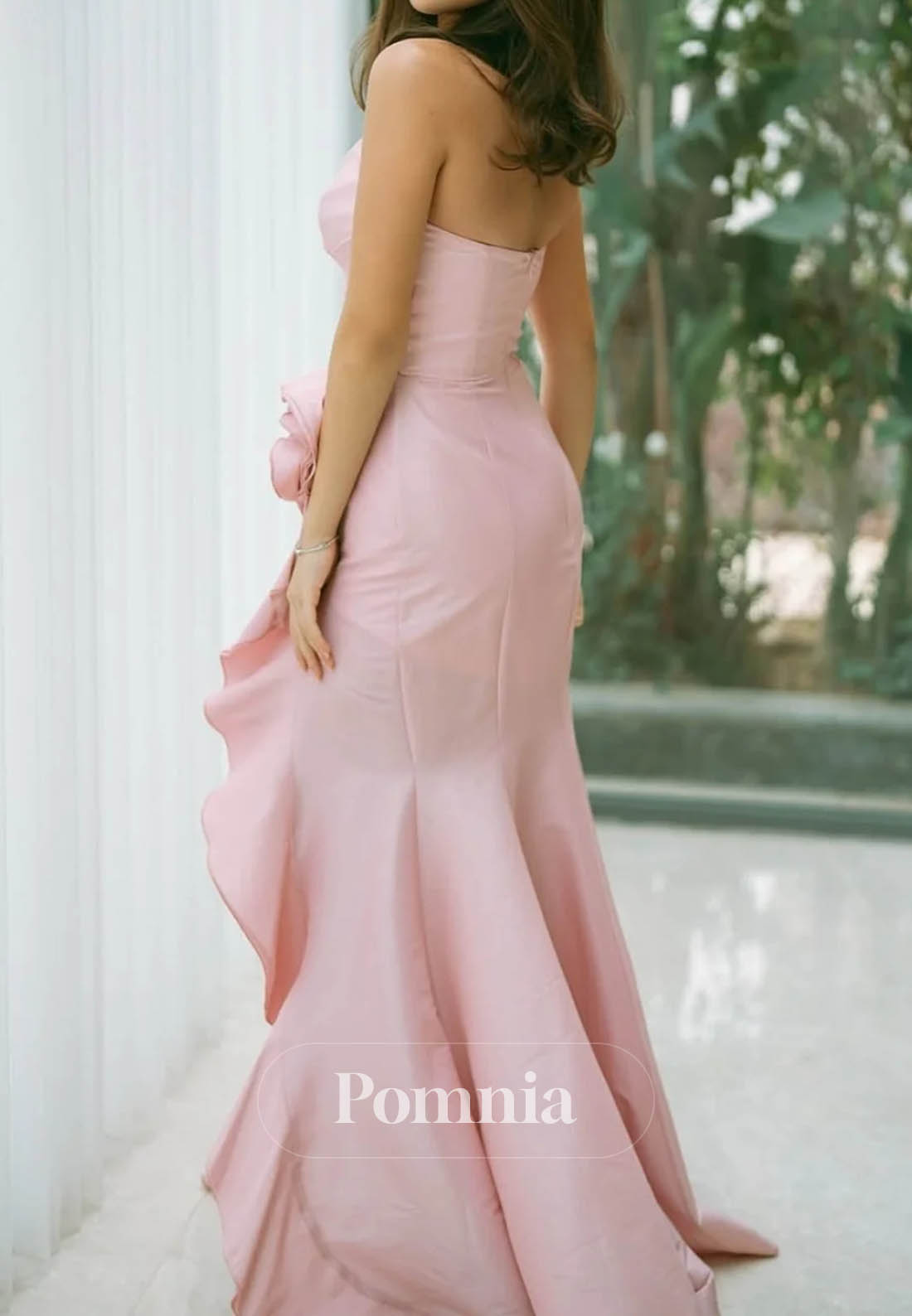 V-Neck Pink Ruffled Hem Long Dress with Rosette