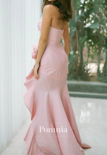 V-Neck Pink Ruffled Hem Long Dress with Rosette