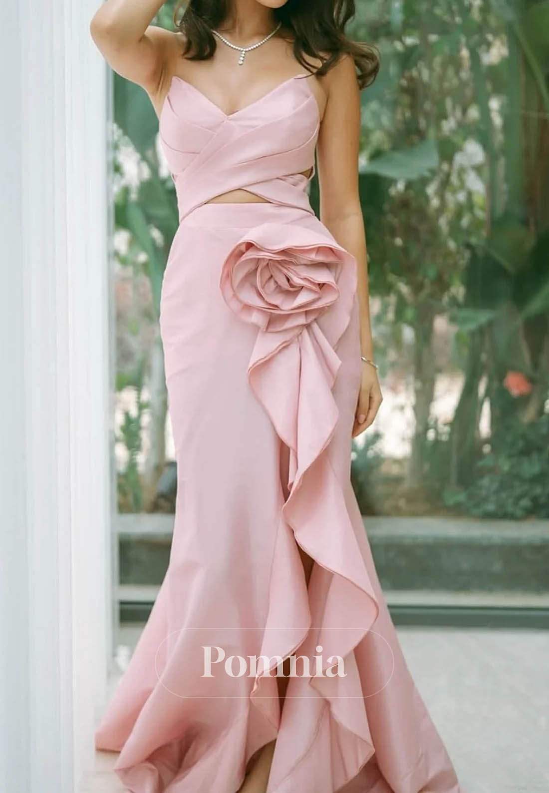V-Neck Pink Ruffled Hem Long Dress with Rosette