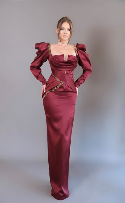 Long Sleeves Sweetheart Sequins Ruched Evening Dress