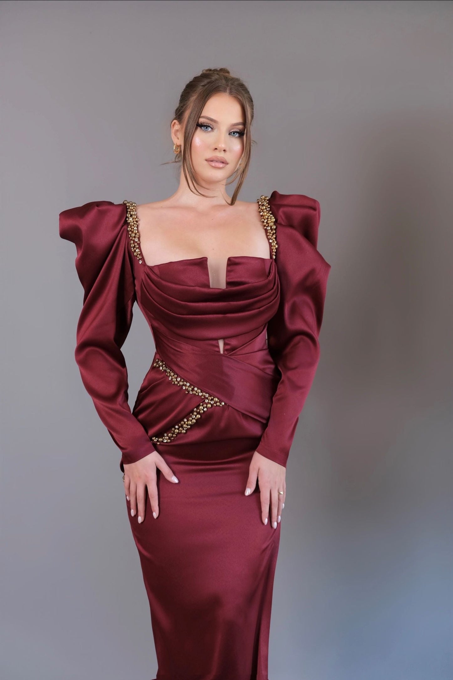 Long Sleeves Sweetheart Sequins Ruched Evening Dress