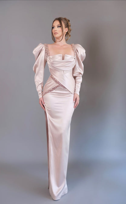Long Sleeves Sweetheart Sequins Ruched Evening Dress
