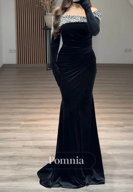 Velvet Long Sleeves Off-Shoulder Ruched Mermaid Evening Dress
