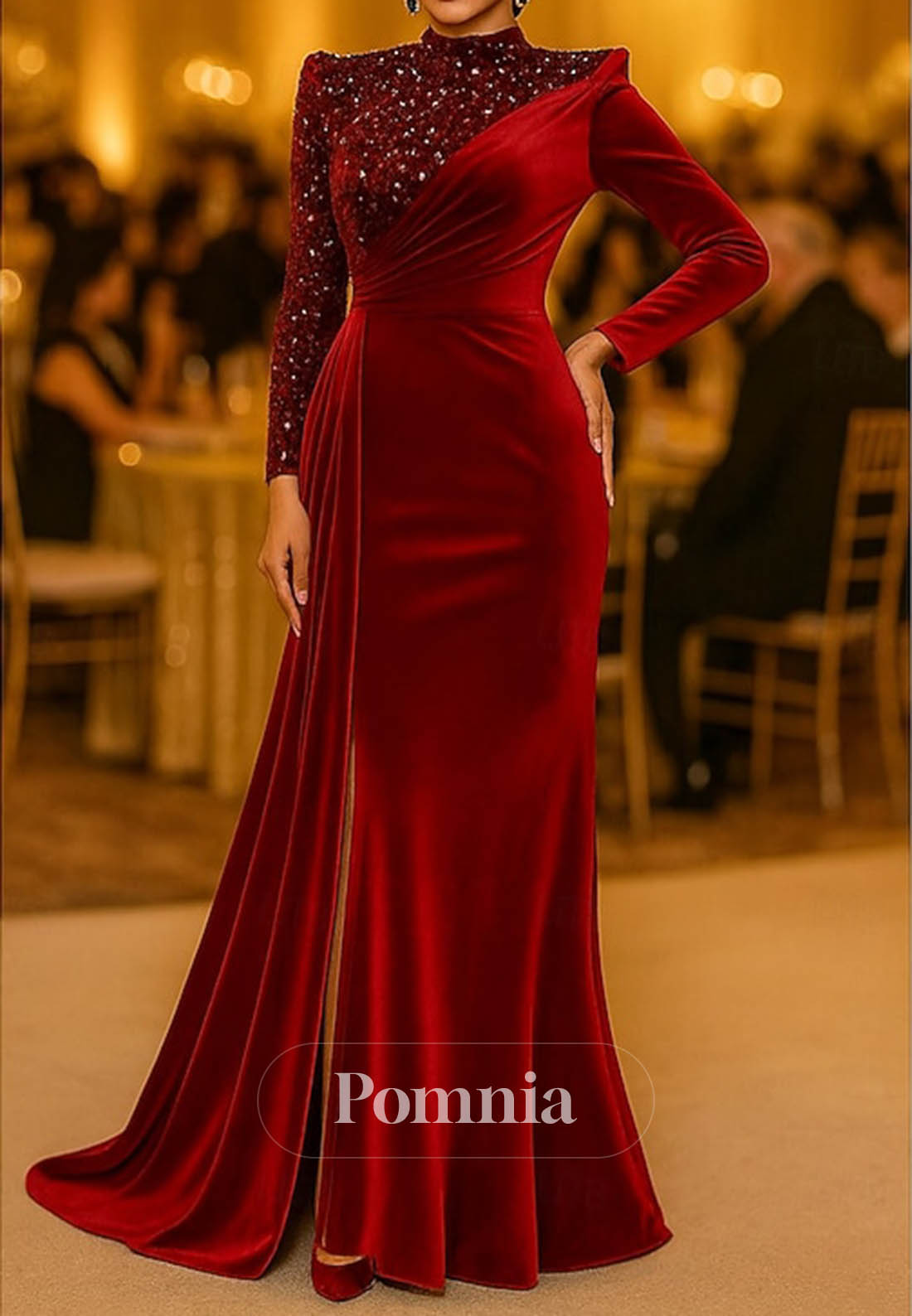 Velvet Scoop Long Sleeves Ruched Evening Dress