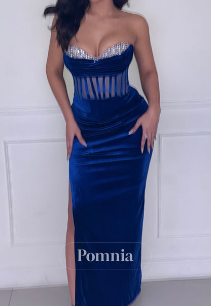 Velvet Sleeveless Strapless Corset Tulle Ruched Prom Dress