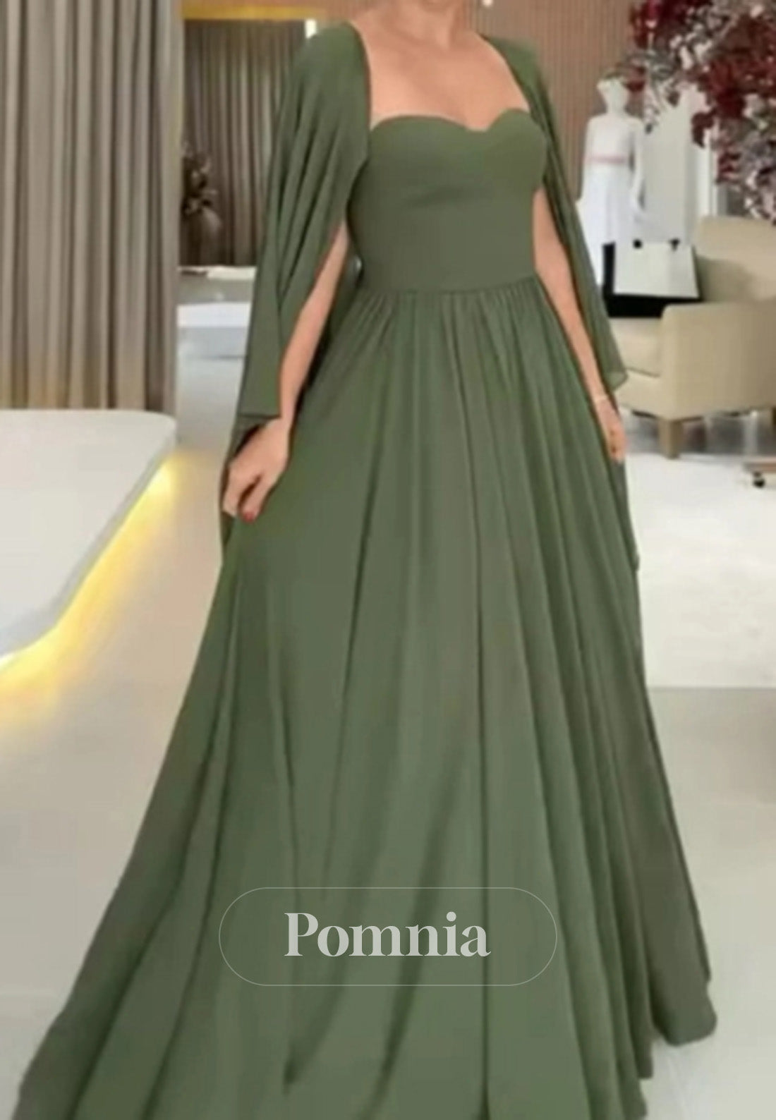 Dusty Sage Cape Sweetheart Empire-Waist Chiffon Mother of the Bride Dress