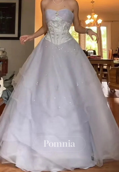 Vintage A-Line Strapless Empire-Waist Beads Princess Long Prom Dress