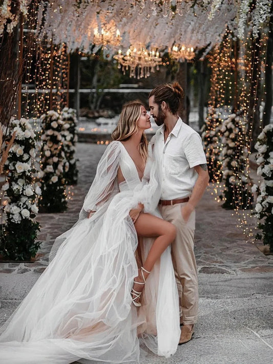 Long Sleeves Cut Out A Line Tulle Bohemian Wedding Dress