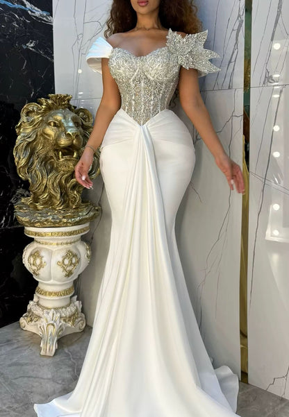 Off Shoulder Beaded Sheath Satin Bridal Gowns