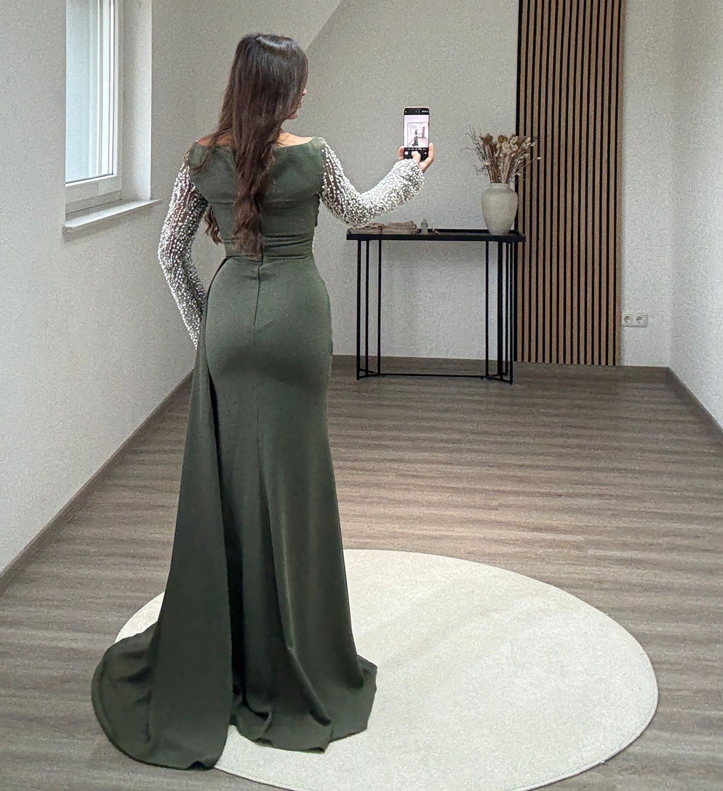 Long Sleeves Scoop Prom Dress with Pearls Corset Evening Party Dress