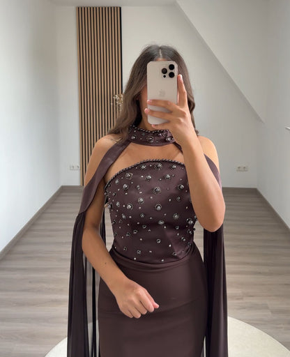 Sleeveless Beads Sweep Train Evening Dress