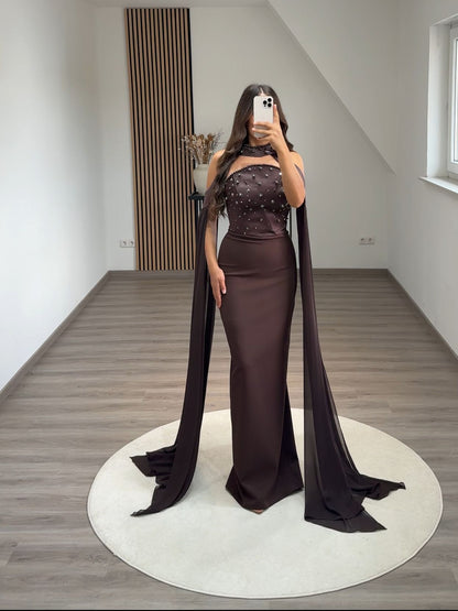 Sleeveless Beads Sweep Train Evening Dress