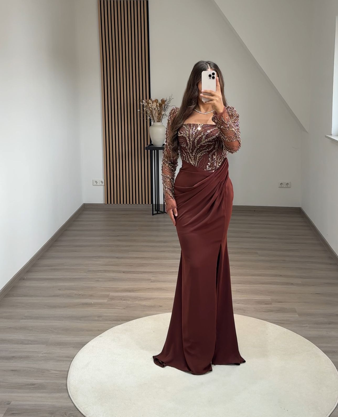 Long Sleeves V-Neck Prom Dress with Beads Sweep Train Evening Dress