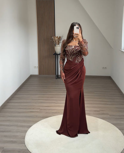 Long Sleeves V-Neck Prom Dress with Beads Sweep Train Evening Dress