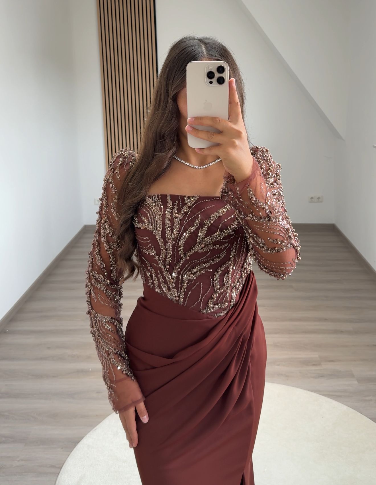 Long Sleeves V-Neck Prom Dress with Beads Sweep Train Evening Dress