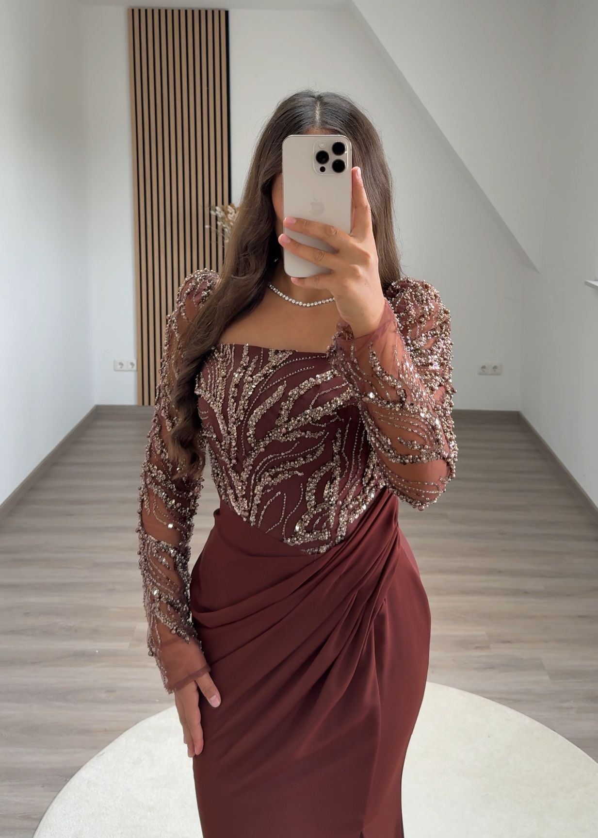 Long Sleeves V-Neck Prom Dress with Beads Sweep Train Evening Dress