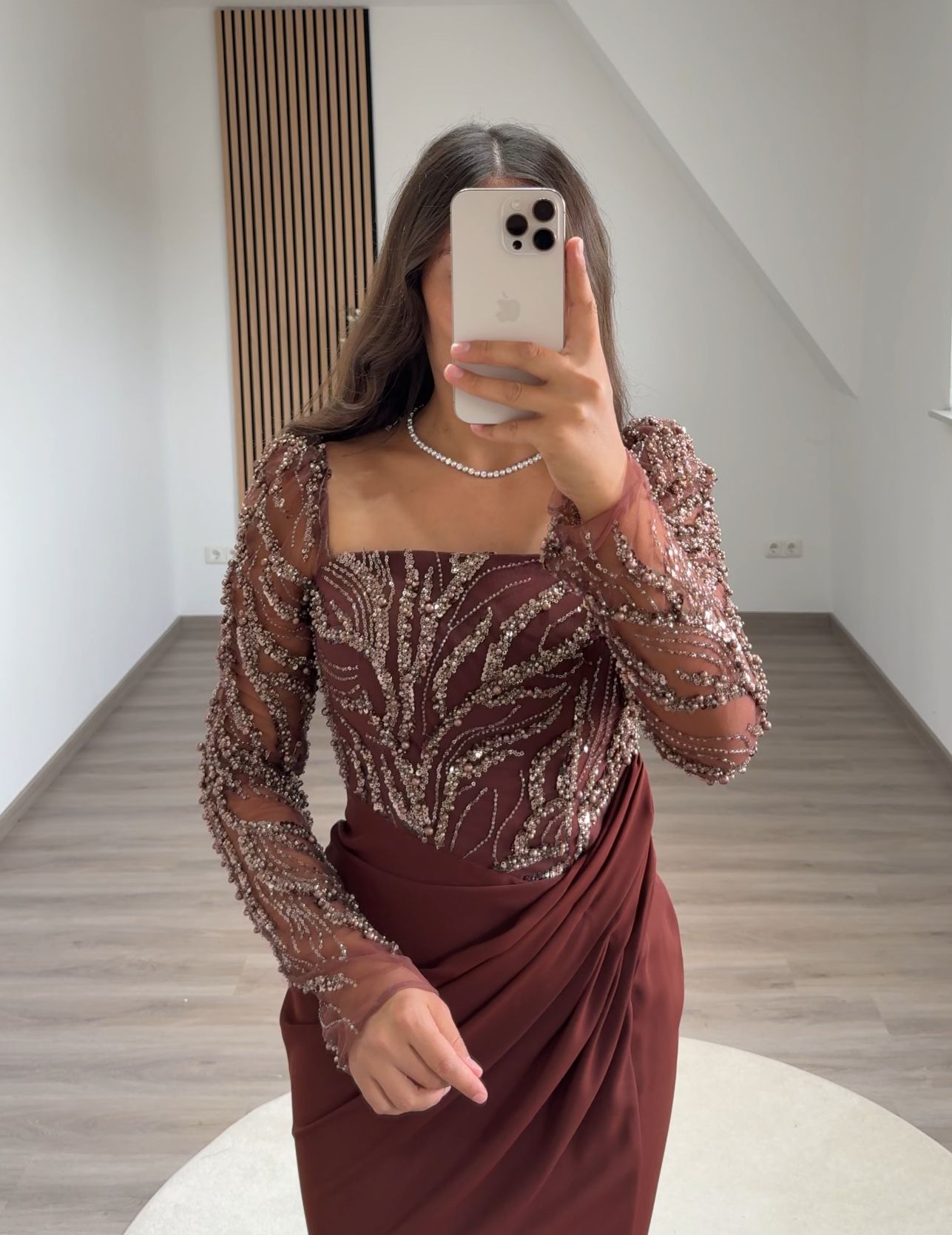 Long Sleeves V-Neck Prom Dress with Beads Sweep Train Evening Dress