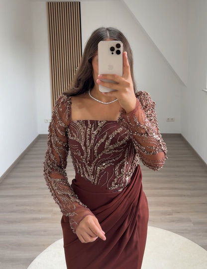 Long Sleeves V-Neck Prom Dress with Beads Sweep Train Evening Dress