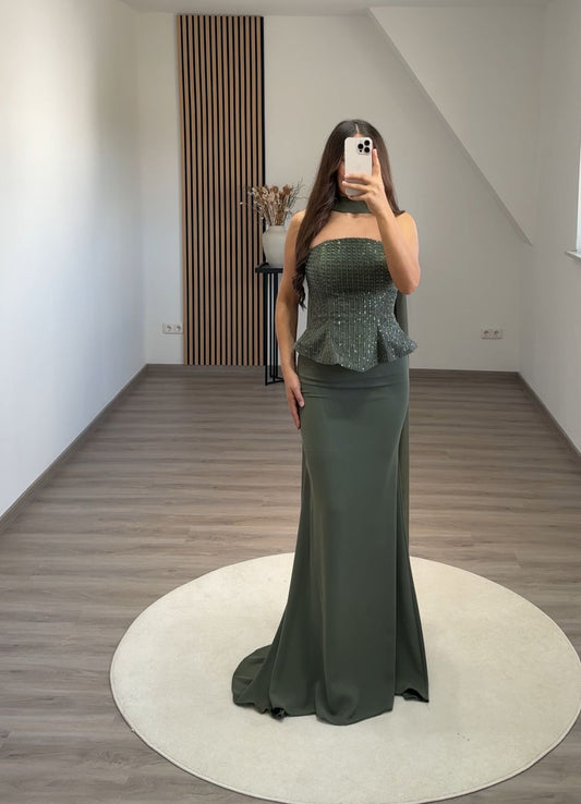 Sparkly Dark Green Corset Satin Mermaid Long Evening Dress