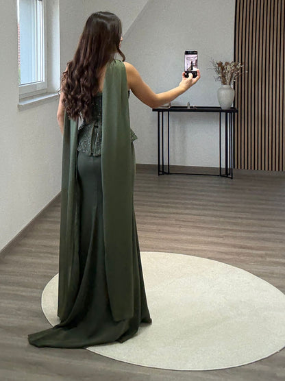 Sparkly Dark Green Corset Satin Mermaid Long Evening Dress