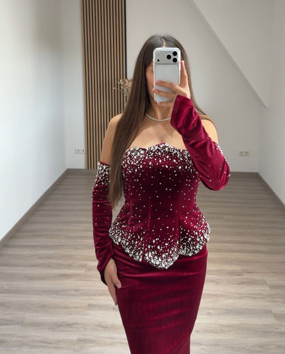 Round Neck Velvet A Line Long Formal Dress with Sleeves