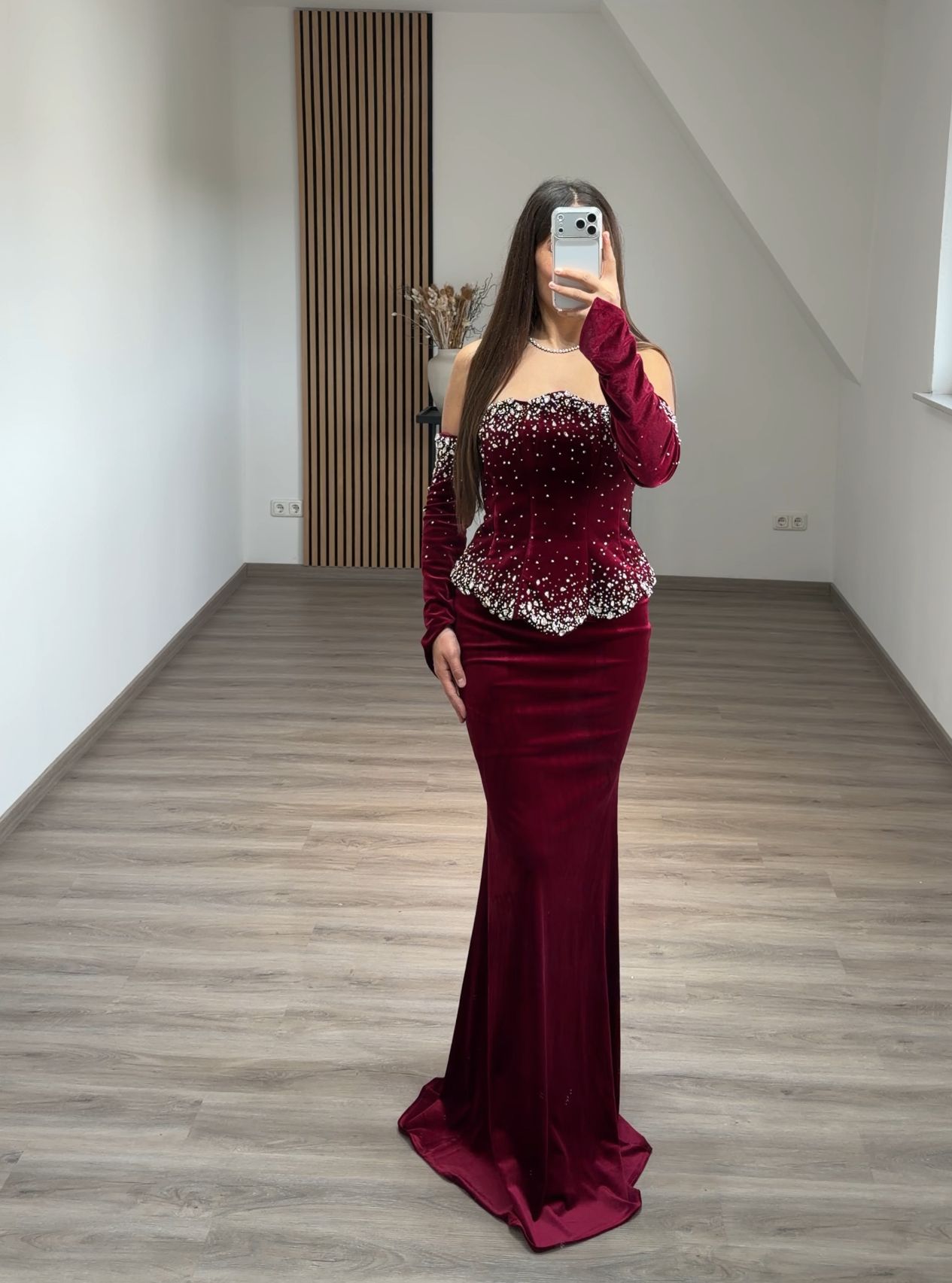 Round Neck Velvet A Line Long Formal Dress with Sleeves