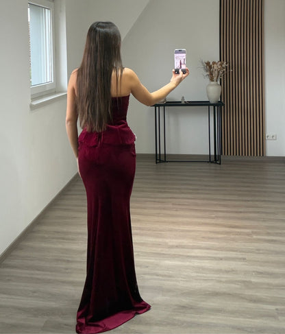 Round Neck Velvet A Line Long Formal Dress with Sleeves