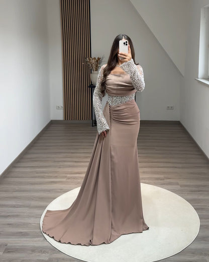 Long Sleeves Off-Shoulder Floral Appliques Evening Dress