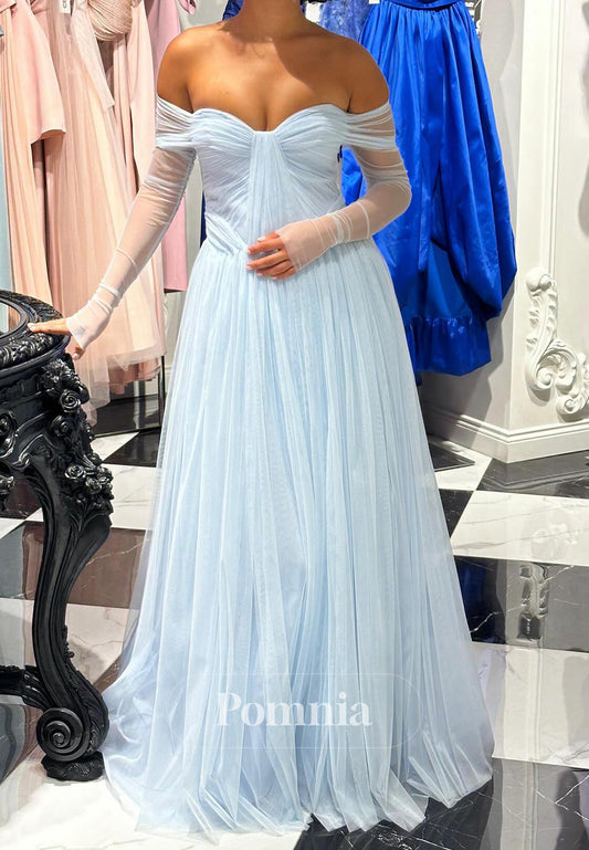 Simple A-Line Long Sleeves Off-Shoulder A-Line Lace Prom Dress