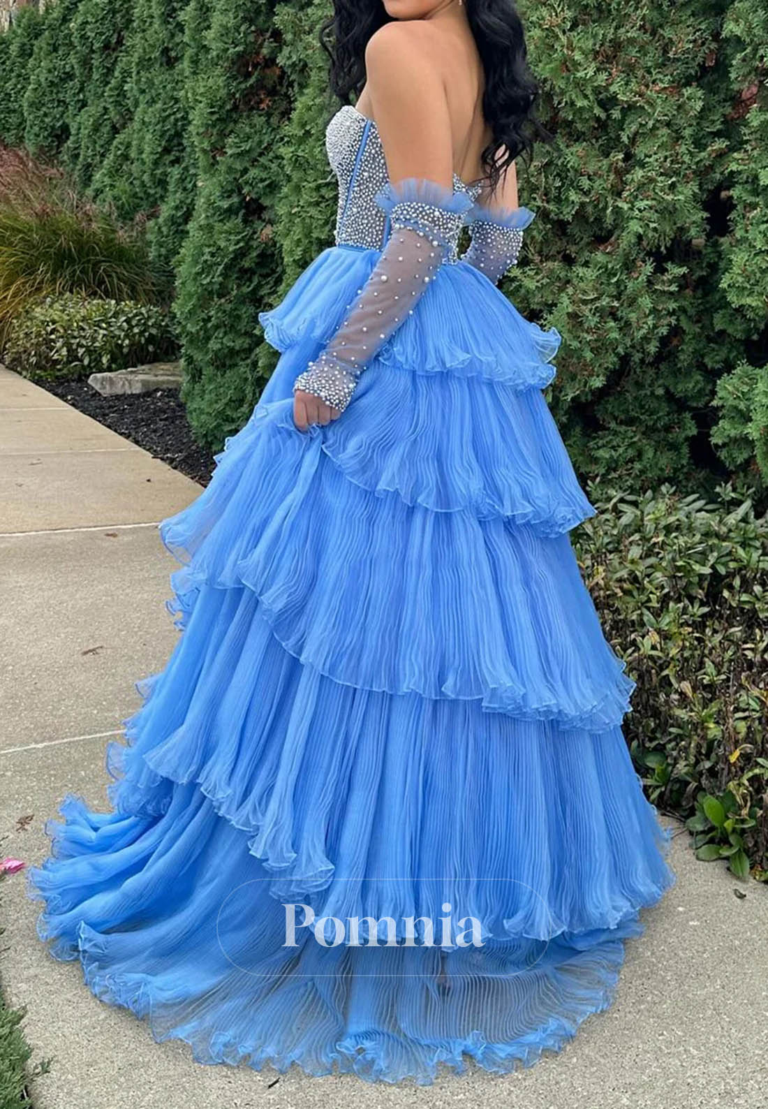 A-Line Beaded Strapless Ruffle-Layers Prom Dress with Detachable Sleeves