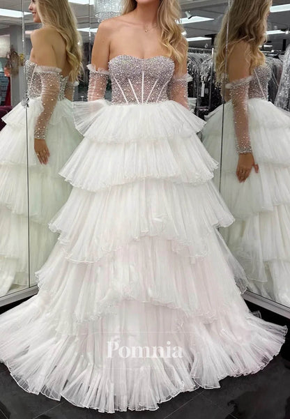A-Line Beaded Strapless Ruffle-Layers Prom Dress with Detachable Sleeves