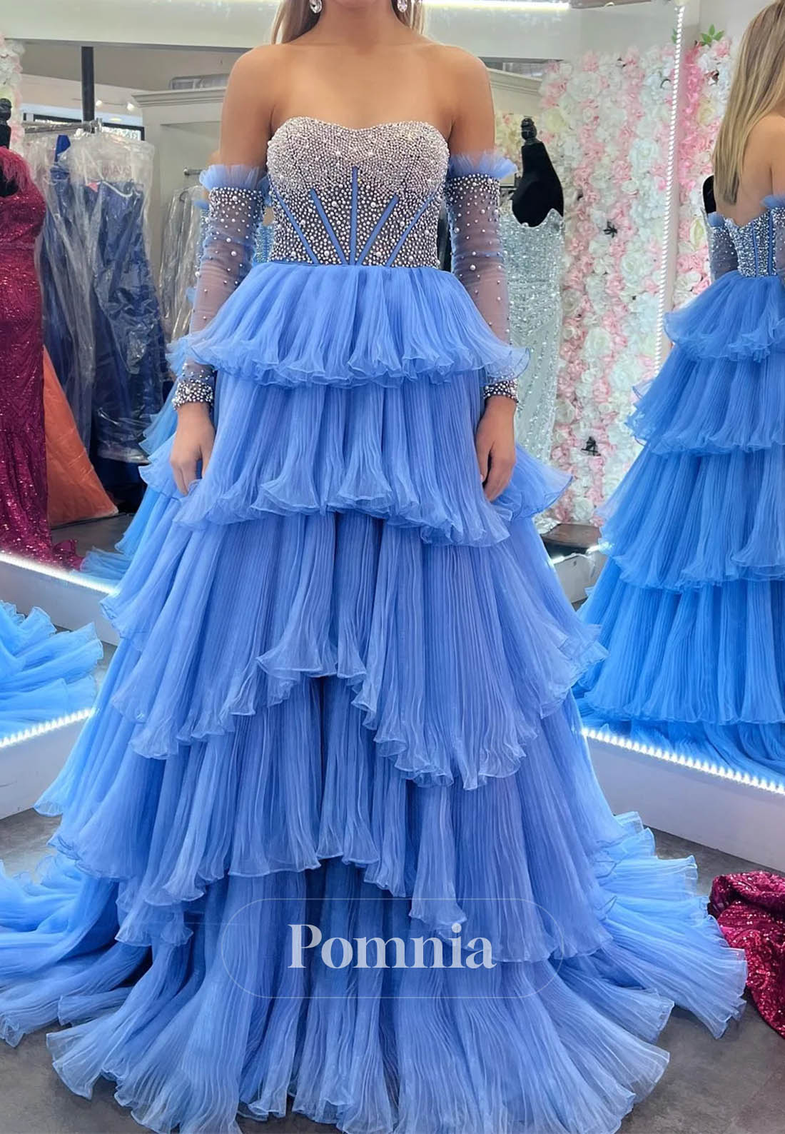 A-Line Beaded Strapless Ruffle-Layers Prom Dress with Detachable Sleeves