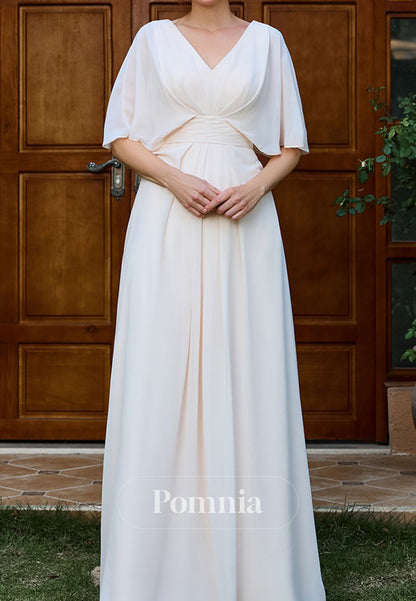 White Cap Sleeves V-Neck A-Line Chiffon  Mother of the Bride Dress