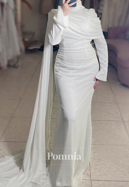 White Long Sleeves High Neck Ruched Evening Dress