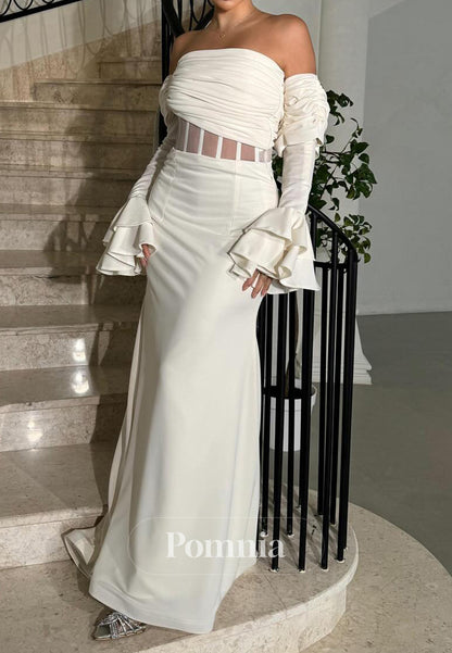 White Long Sleeves Off-Shoulder Corset Tulle Prom Dress