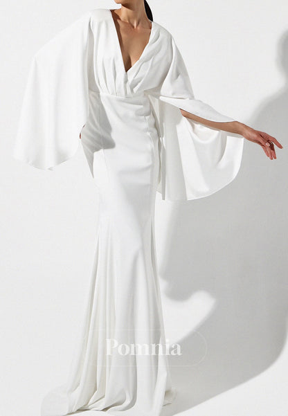 White Long Sleeves V-Neck Empire Waist Evening Dress